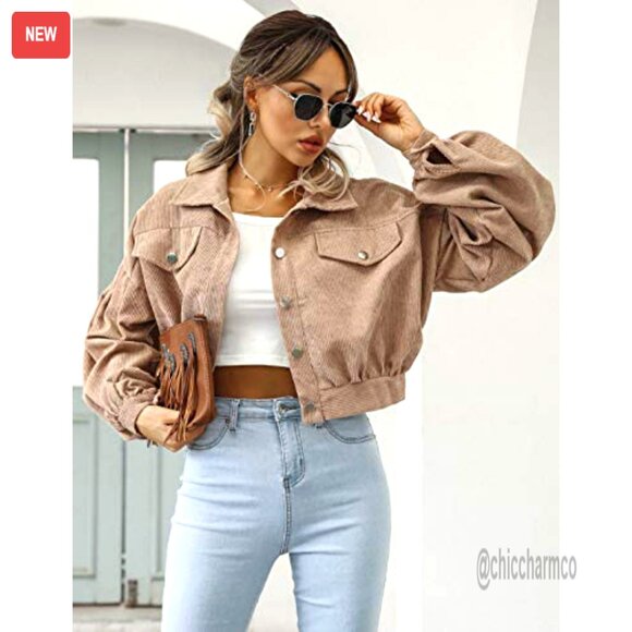 Cropped Corduroy Shacket Puff Sleeve Loose Fit Button Down Casual Jacket - Picture 2 of 7